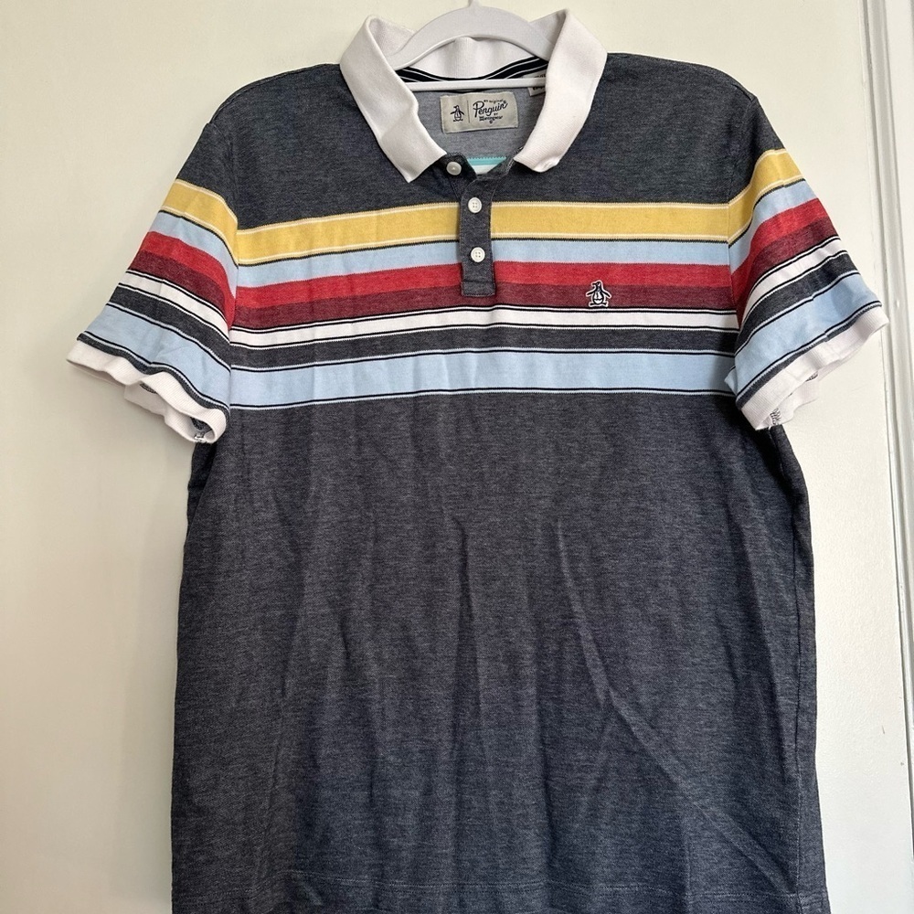 Penguin Multi Color Rainbow Stripes XL Boys Polo Tee. Retro Style. White Collar.